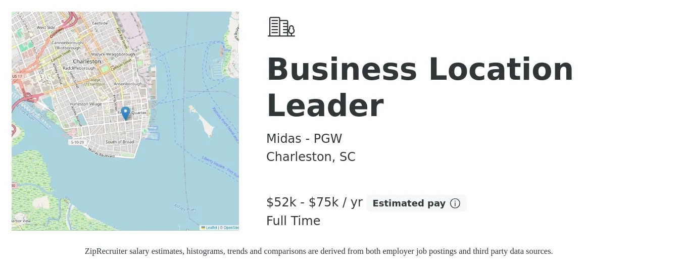 Midas - PGW job posting for a Business Location Leader in Charleston, SC with a salary of $52,000 to $75,000 Yearly with a map of Charleston location.