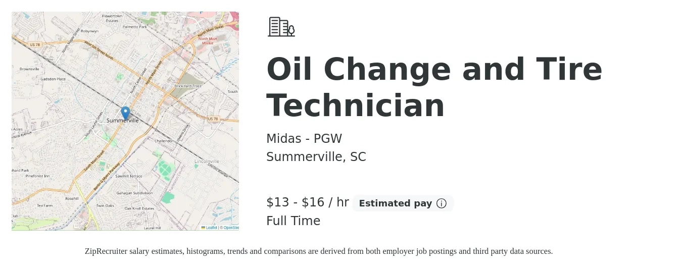 Midas - PGW job posting for a Oil Change and Tire Technician in Summerville, SC with a salary of $14 to $17 Hourly with a map of Summerville location.