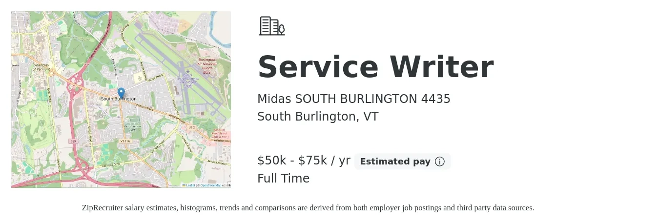 Midas SOUTH BURLINGTON 4435 job posting for a Service Writer in South Burlington, VT with a salary of $50,000 to $75,000 Yearly with a map of South Burlington location.