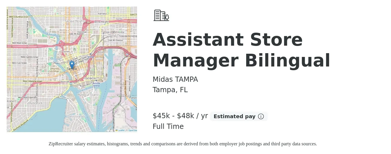 Midas TAMPA job posting for a Assistant Store Manager Bilingual in Tampa, FL with a salary of $45,000 to $48,000 Yearly with a map of Tampa location.
