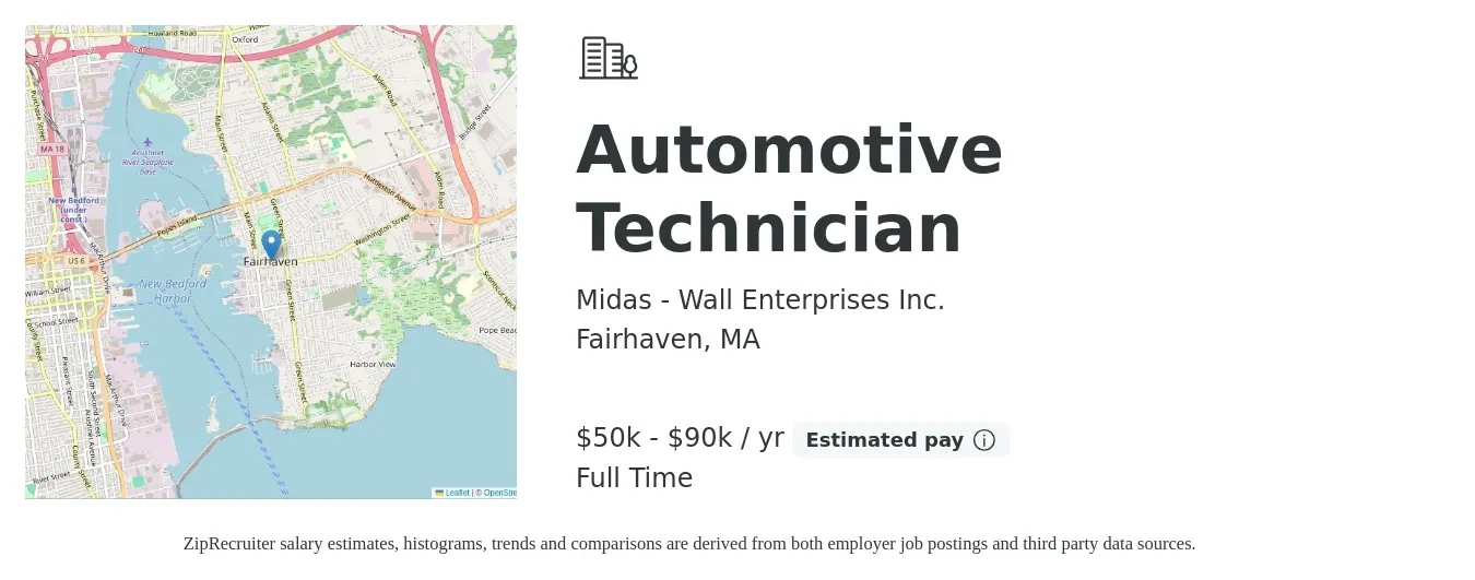Midas - Wall Enterprises Inc. job posting for a Automotive Technician in Fairhaven, MA with a salary of $50,000 to $90,000 Yearly with a map of Fairhaven location.