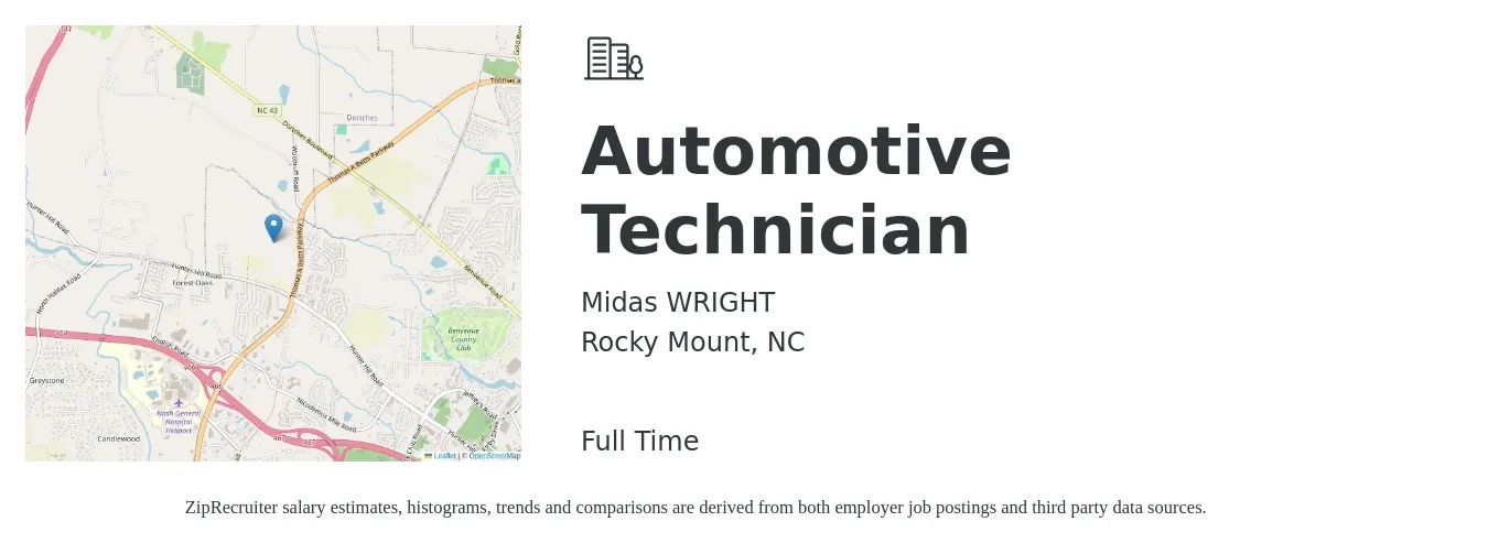 Midas WRIGHT job posting for a Automotive Technician in Rocky Mount, NC with a salary of $17 to $25 Weekly with a map of Rocky Mount location.