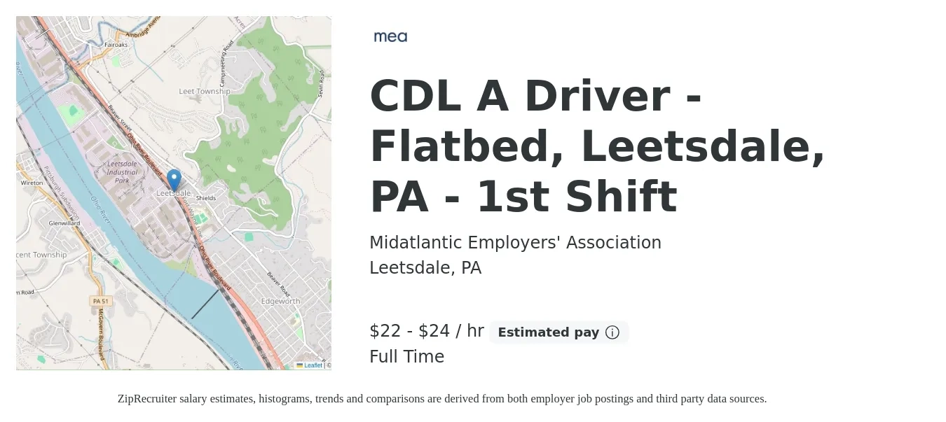 Midatlantic Employers' Association job posting for a CDL A Driver - Flatbed, Leetsdale, PA - 1st Shift in Leetsdale, PA with a salary of $23 to $25 Hourly with a map of Leetsdale location.