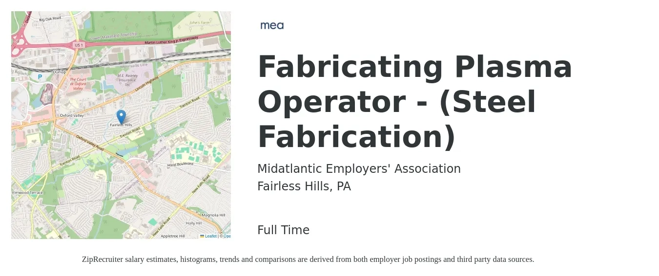 Midatlantic Employers' Association job posting for a Fabricating Plasma Operator - (Steel Fabrication) in Fairless Hills, PA with a salary of $17 to $20 Hourly with a map of Fairless Hills location.