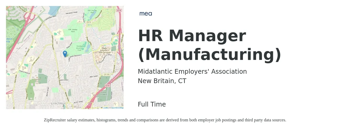 Midatlantic Employers' Association job posting for a HR Manager - Manufacturing in New Britain, CT with a salary of $68,400 to $99,200 Yearly and benefits including dental, medical, pto, and retirement with a map of New Britain location.