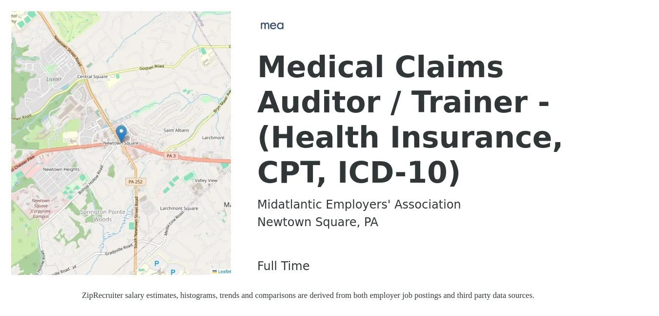 Midatlantic Employers' Association job posting for a Medical Claims Auditor / Trainer - (Health Insurance, CPT, ICD-10) in Newtown Square, PA with a salary of $18 to $24 Hourly with a map of Newtown Square location.