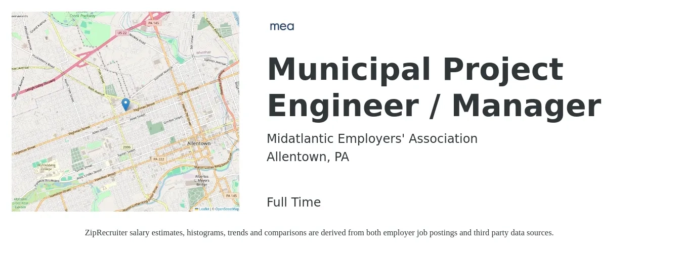 Midatlantic Employers' Association job posting for a Municipal Project Engineer / Manager in Allentown, PA with a map of Allentown location.