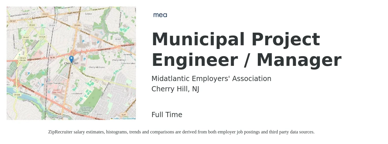 Midatlantic Employers' Association job posting for a Municipal Project Engineer / Manager in Cherry Hill, NJ with a salary of $89,700 to $129,400 Yearly with a map of Cherry Hill location.