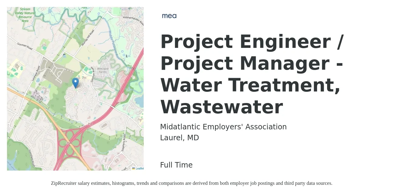 Midatlantic Employers' Association job posting for a Project Engineer / Project Manager - Water Treatment, Wastewater in Laurel, MD with a salary of $83,300 to $115,500 Yearly with a map of Laurel location.