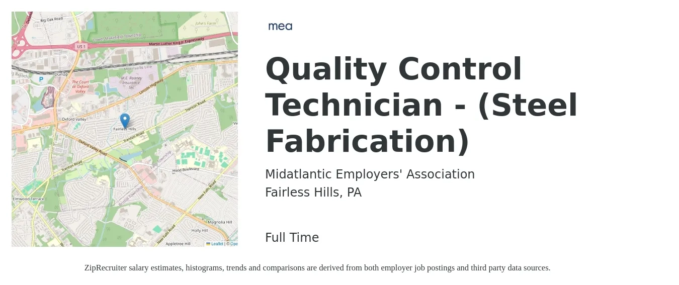 Midatlantic Employers' Association job posting for a Quality Control Technician - (Steel Fabrication) in Fairless Hills, PA with a salary of $18 to $23 Hourly with a map of Fairless Hills location.