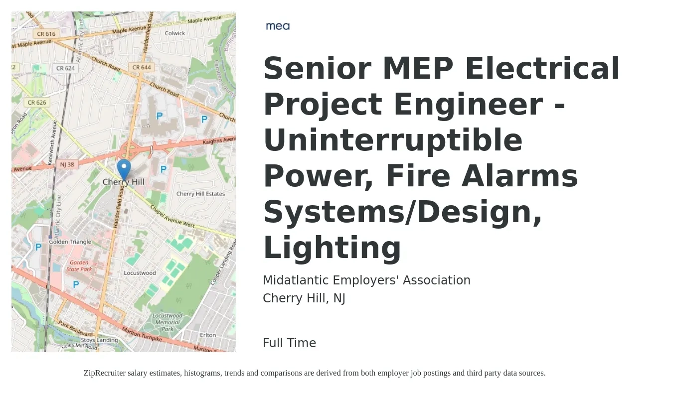 Midatlantic Employers' Association job posting for a Senior MEP Electrical Project Engineer -Uninterruptible Power, Fire Alarms Systems/Design, Lighting in Cherry Hill, NJ with a salary of $106,600 to $138,800 Yearly with a map of Cherry Hill location.