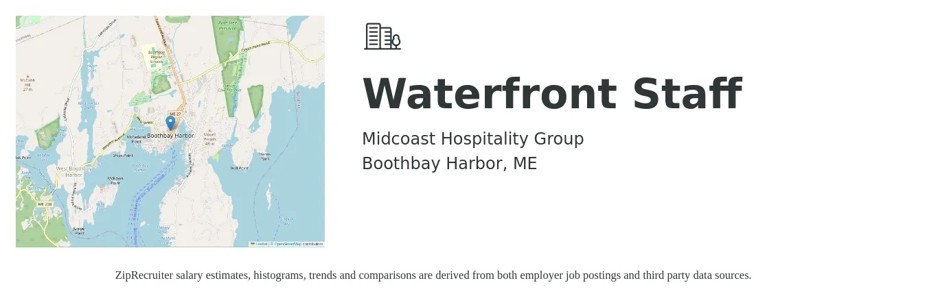 Midcoast Hospitality Group job posting for a Waterfront Staff in Boothbay Harbor, ME with a salary of $16 Hourly with a map of Boothbay Harbor location.