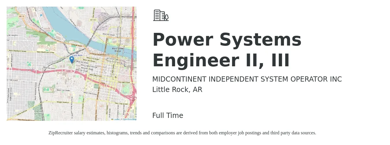 MIDCONTINENT INDEPENDENT SYSTEM OPERATOR INC job posting for a Power Systems Engineer II, III in Little Rock, AR with a salary of $80,300 to $109,800 Yearly with a map of Little Rock location.