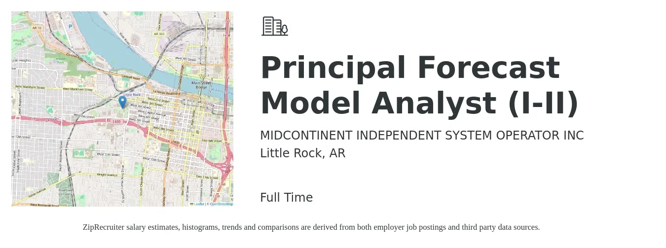 MIDCONTINENT INDEPENDENT SYSTEM OPERATOR INC job posting for a Principal Forecast Model Analyst (I-II) in Little Rock, AR with a salary of $62,300 to $106,200 Yearly with a map of Little Rock location.