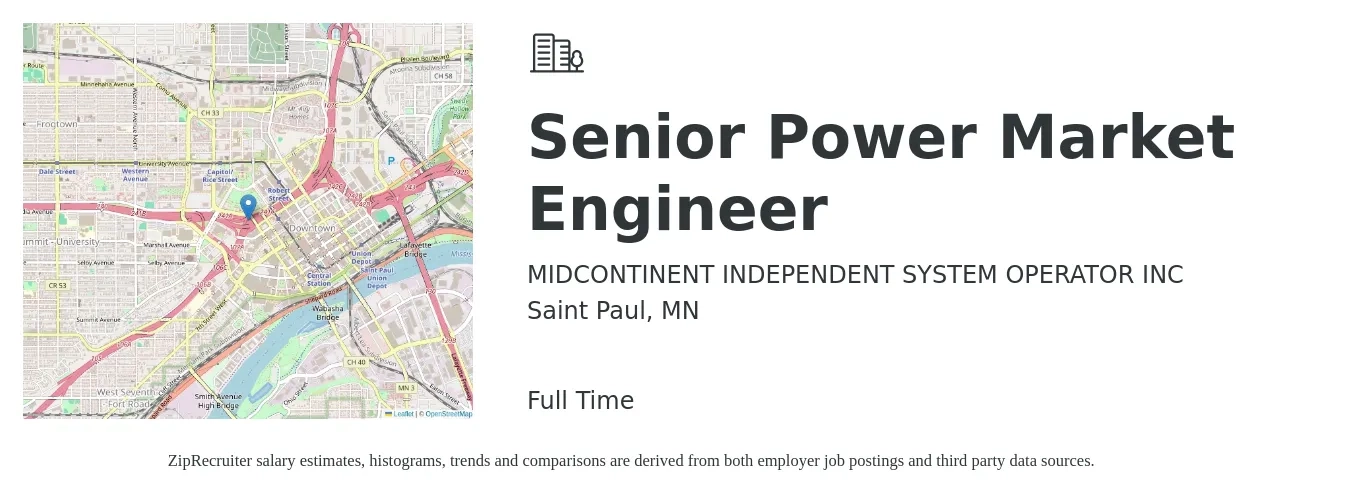 MIDCONTINENT INDEPENDENT SYSTEM OPERATOR INC job posting for a Senior Power Market Engineer in Saint Paul, MN with a salary of $106,600 to $146,300 Yearly with a map of Saint Paul location.