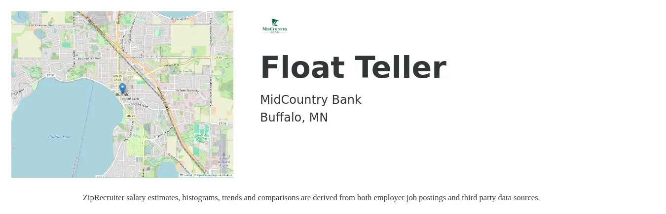 MidCountry Bank job posting for a Float Teller in Buffalo, MN with a salary of $17 to $21 Hourly with a map of Buffalo location.