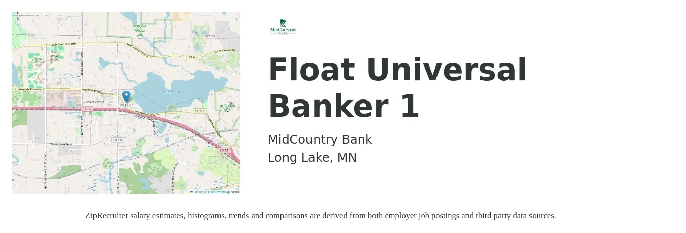 MidCountry Bank job posting for a Float Universal Banker 1 in Long Lake, MN with a salary of $18 to $22 Hourly with a map of Long Lake location.