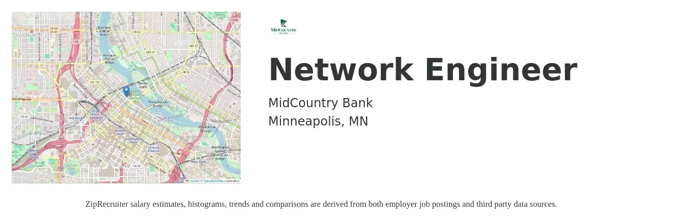 MidCountry Bank job posting for a Network Engineer in Minneapolis, MN with a salary of $92,000 to $138,100 Yearly with a map of Minneapolis location.
