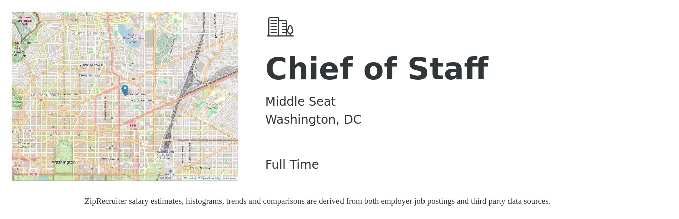 Middle Seat job posting for a Chief of Staff in Washington, DC with a salary of $105,300 to $165,400 Yearly with a map of Washington location.