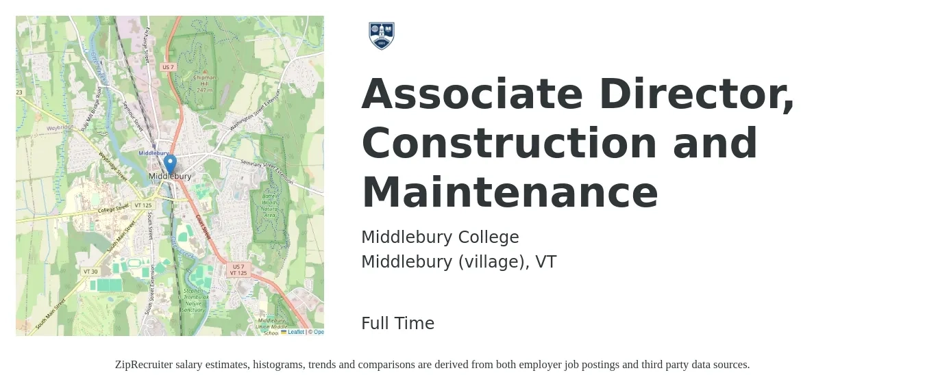Middlebury College job posting for a Associate Director, Construction and Maintenance in Middlebury (village), VT with a salary of $85,176 to $108,638 Yearly with a map of Middlebury (village) location.