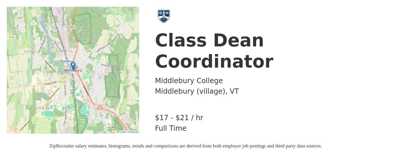 Middlebury College job posting for a Class Dean Coordinator in Middlebury (village), VT with a salary of $19 to $23 Hourly with a map of Middlebury (village) location.