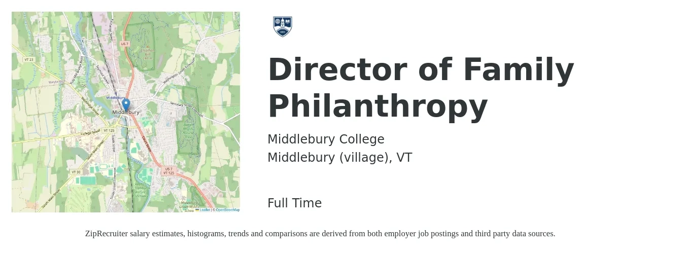 Middlebury College job posting for a Director of Family Philanthropy in Middlebury (village), VT with a salary of $118,804 to $151,508 Yearly with a map of Middlebury (village) location.
