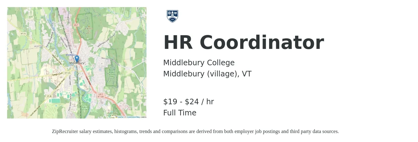 Middlebury College job posting for a HR Coordinator in Middlebury (village), VT with a salary of $20 to $25 Hourly with a map of Middlebury (village) location.