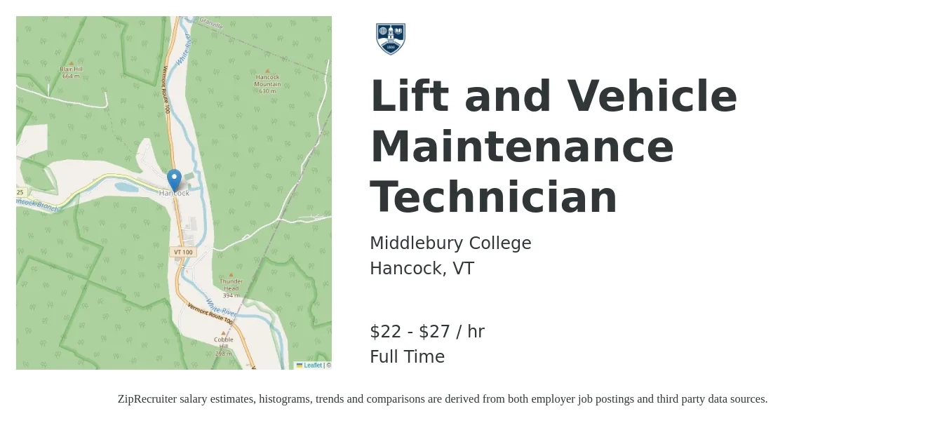 Middlebury College job posting for a Lift and Vehicle Maintenance Technician in Hancock, VT with a salary of $23 to $29 Hourly with a map of Hancock location.