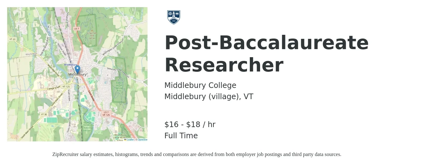 Middlebury College job posting for a Post-Baccalaureate Researcher in Middlebury (village), VT with a salary of $18 to $19 Hourly with a map of Middlebury (village) location.