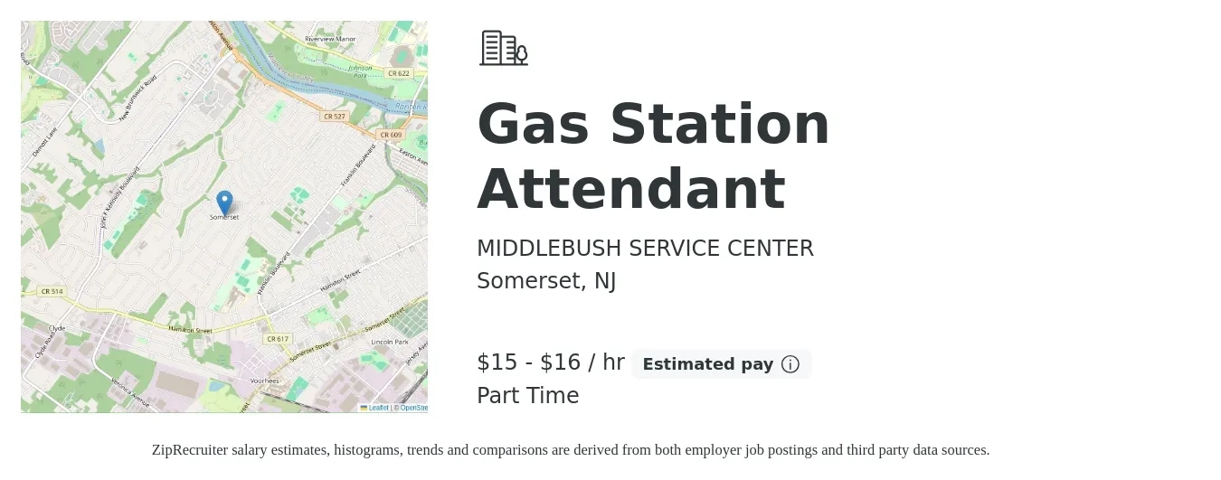 MIDDLEBUSH SERVICE CENTER job posting for a Gas Station Attendant in Somerset, NJ with a salary of $16 to $17 Hourly with a map of Somerset location.