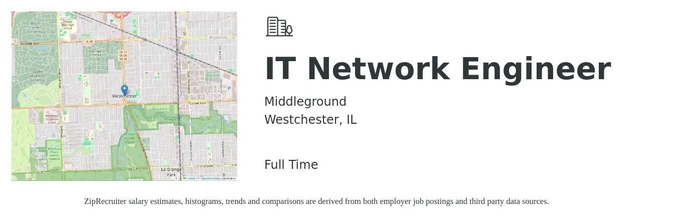 Middleground job posting for a IT Network Engineer in Westchester, IL with a salary of $73,400 to $105,200 Yearly with a map of Westchester location.