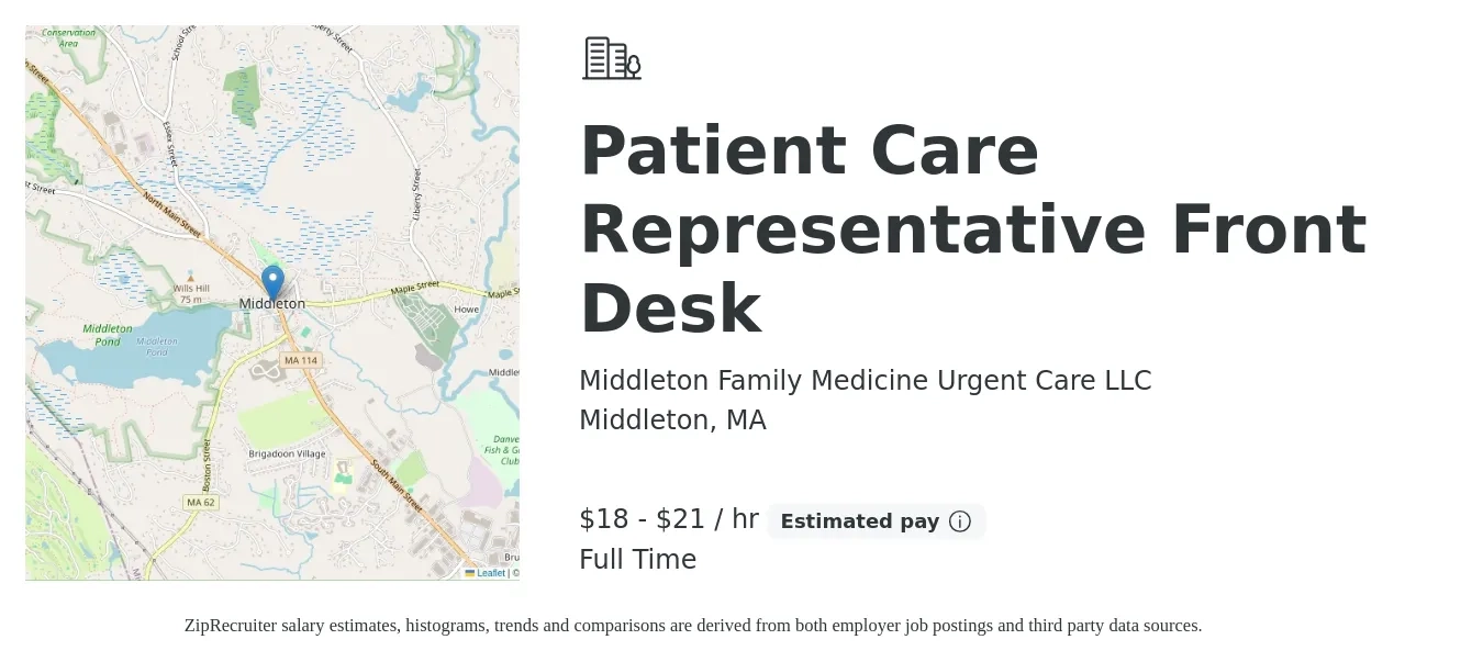 Middleton Family Medicine Urgent Care LLC job posting for a Patient Care Representative Front Desk in Middleton, MA with a salary of $19 to $22 Hourly with a map of Middleton location.