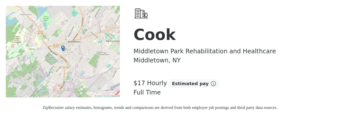 Middletown Park Rehabilitation and Healthcare job posting for a Cook in Middletown, NY with a salary of $19 Hourly with a map of Middletown location.