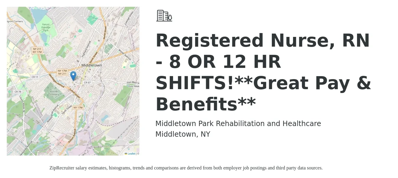 Middletown Park Rehabilitation and Healthcare job posting for a Registered Nurse, RN - 8 OR 12 HR SHIFTS!**Great Pay & Benefits** in Middletown, NY with a salary of $33 to $52 Hourly with a map of Middletown location.