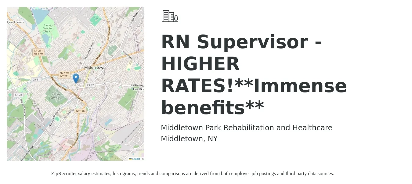 Middletown Park Rehabilitation and Healthcare job posting for a RN Supervisor - HIGHER RATES!**Immense benefits** in Middletown, NY with a salary of $40 to $58 Hourly with a map of Middletown location.