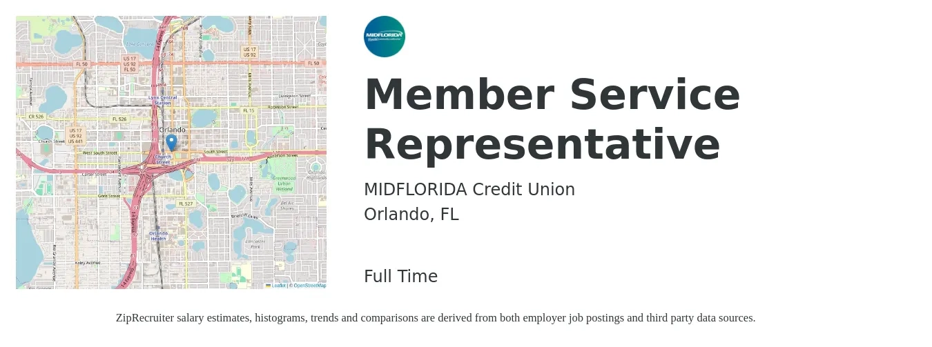MIDFLORIDA Credit Union job posting for a Member Service Representative in Orlando, FL with a salary of $10 to $17 Hourly with a map of Orlando location.