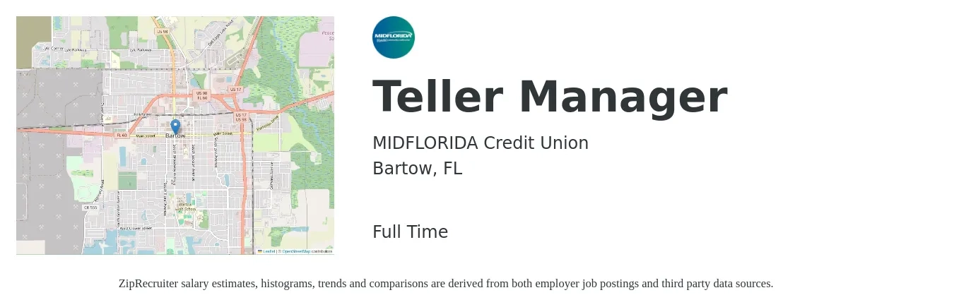 MIDFLORIDA Credit Union job posting for a Teller Manager in Bartow, FL with a salary of $18 to $24 Hourly with a map of Bartow location.