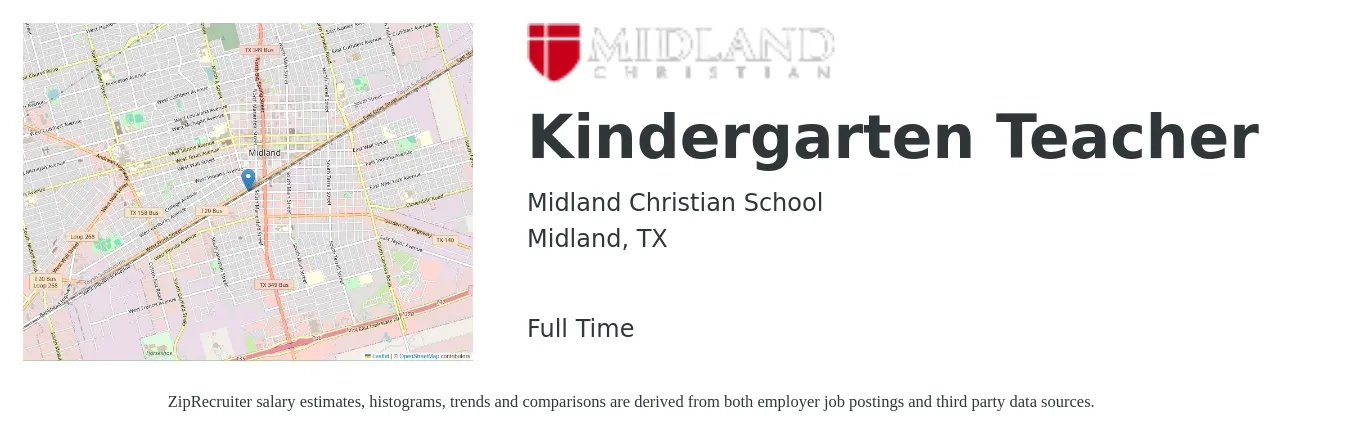 Midland Christian School job posting for a Kindergarten Teacher in Midland, TX with a salary of $29,000 to $45,000 Yearly with a map of Midland location.