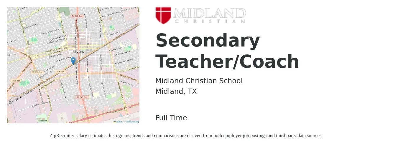 Midland Christian School job posting for a Secondary Teacher/Coach in Midland, TX with a map of Midland location.