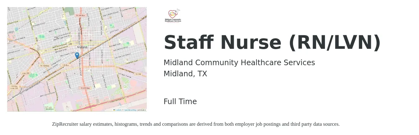 Midland Community Healthcare Services job posting for a Staff Nurse {RN/LVN} in Midland, TX with a salary of $32 to $53 Hourly with a map of Midland location.