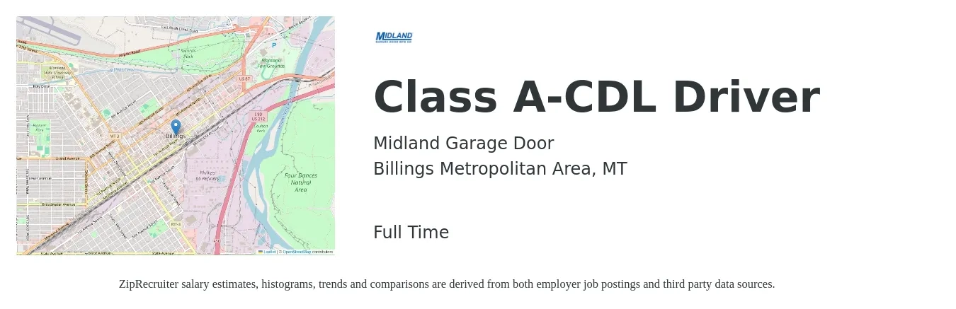 Midland Garage Door job posting for a Class A-CDL Driver in Billings Metropolitan Area, MT with a salary of $90,000 to $95,000 Yearly with a map of Billings Metropolitan Area location.