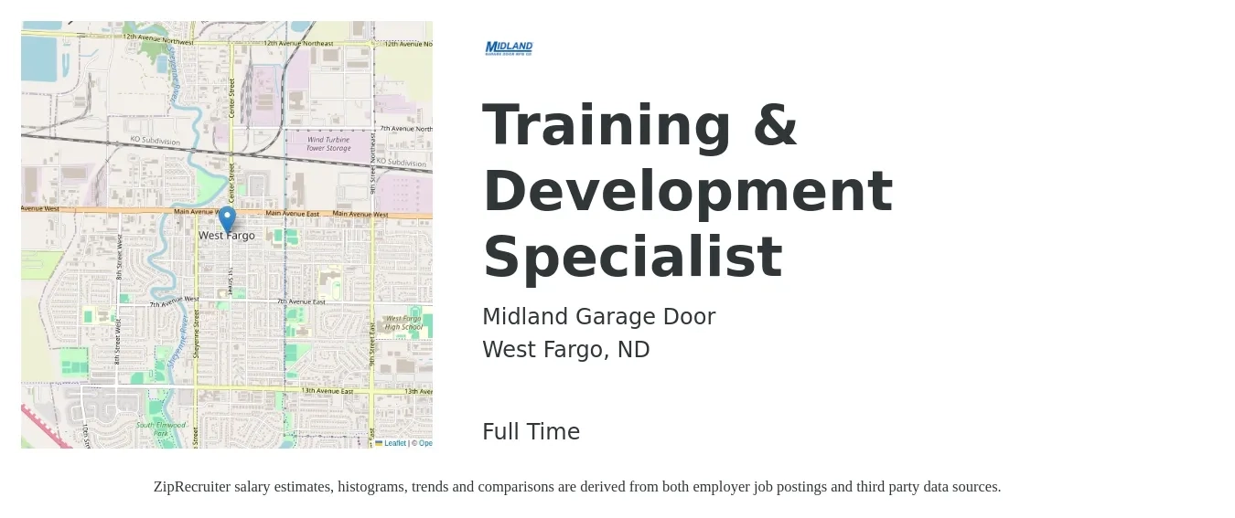 Midland Garage Door job posting for a Training & Development Specialist in West Fargo, ND with a salary of $52,500 to $76,300 Yearly with a map of West Fargo location.