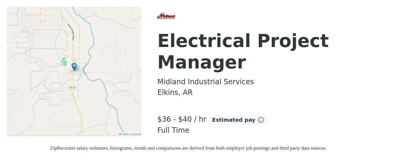 Midland Industrial Services job posting for a Electrical Project Manager in Elkins, AR with a salary of $38 to $42 Hourly with a map of Elkins location.