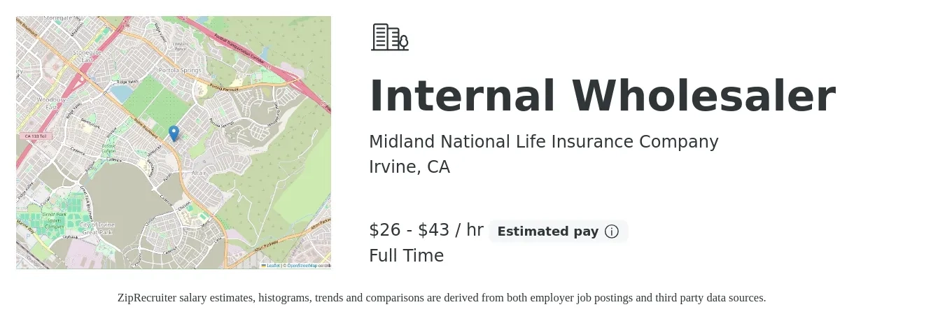 Midland National Life Insurance Company job posting for a Internal Wholesaler in Irvine, CA with a salary of $28 to $45 Hourly with a map of Irvine location.