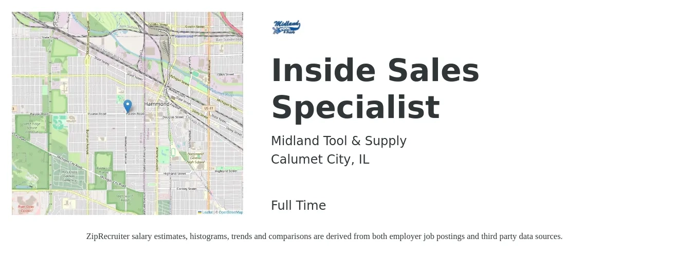 Midland Tool & Supply job posting for a Inside Sales Specialist in Calumet City, IL with a salary of $39,400 to $58,400 Yearly with a map of Calumet City location.