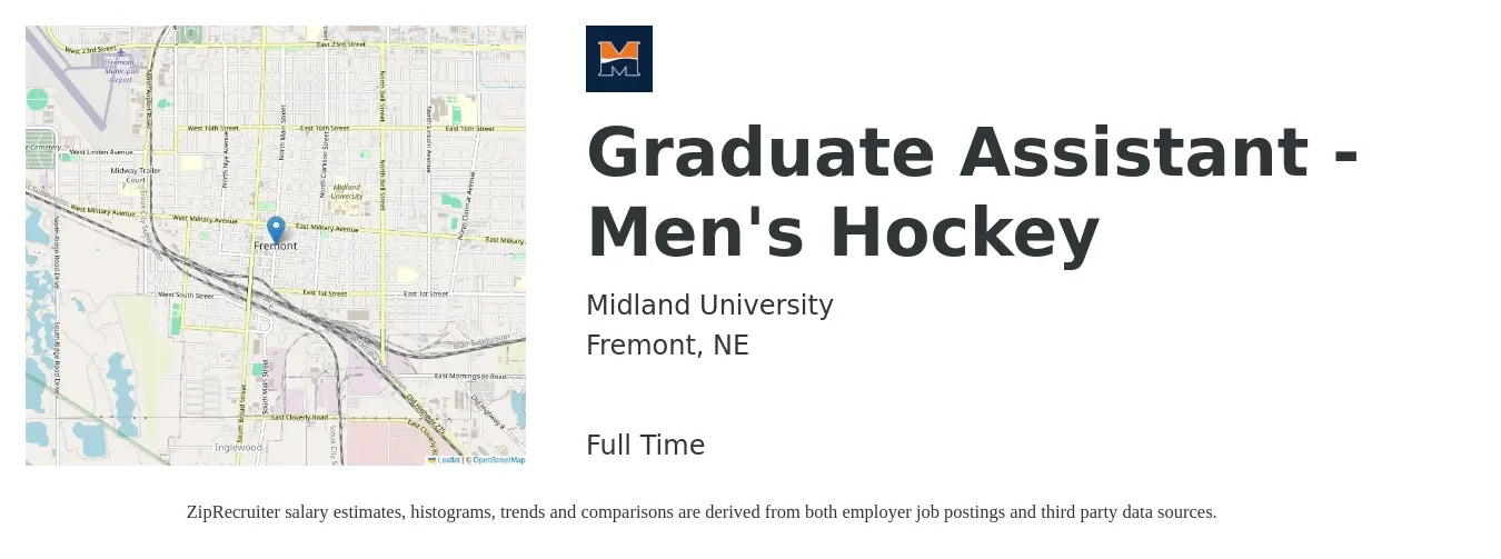 Midland University job posting for a Graduate Assistant - Men's Hockey in Fremont, NE with a salary of $15 to $22 Hourly with a map of Fremont location.