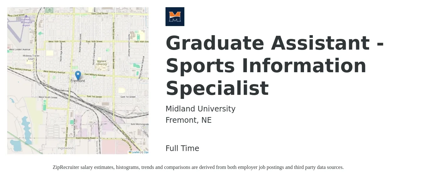 Midland University job posting for a Graduate Assistant - Sports Information Specialist in Fremont, NE with a salary of $40,400 to $46,600 Yearly with a map of Fremont location.