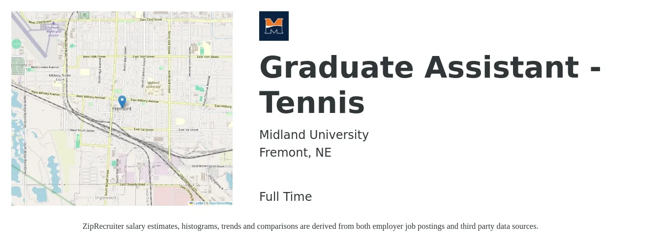 Midland University job posting for a Graduate Assistant - Tennis in Fremont, NE with a salary of $15 to $22 Hourly with a map of Fremont location.