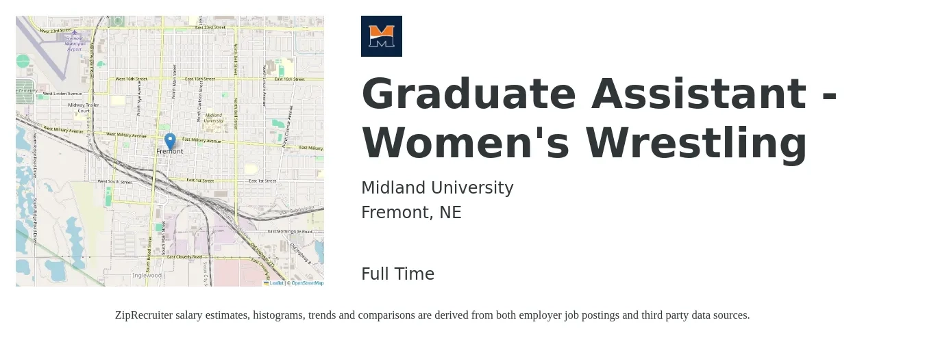 Midland University job posting for a Graduate Assistant - Women's Wrestling in Fremont, NE with a salary of $16 to $21 Hourly with a map of Fremont location.