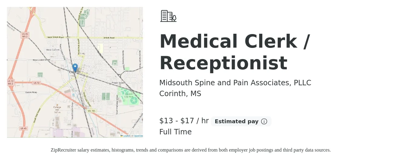 Midsouth Spine and Pain Associates, PLLC job posting for a Medical Clerk / Receptionist in Corinth, MS with a salary of $14 to $18 Hourly and benefits including pto with a map of Corinth location.